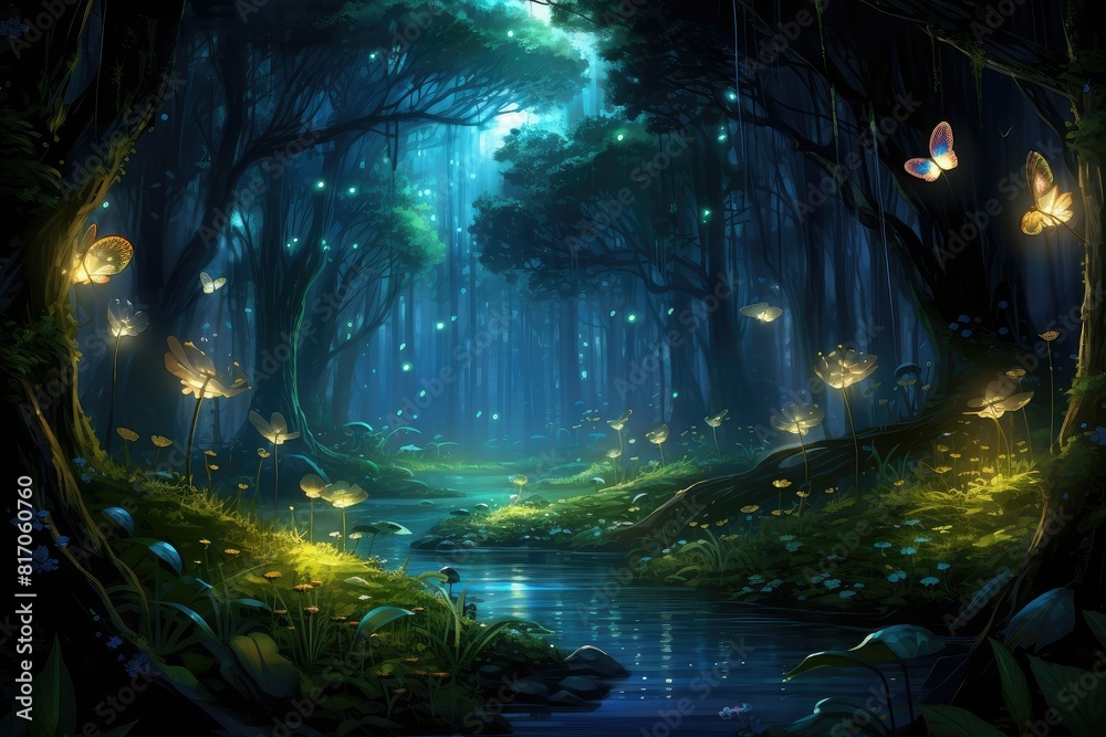 A forest filled with numerous trees adorned with twinkling lights, creating a whimsical and magical atmosphere. firefly forest. Generative AI A forest filled with numerous trees adorned with twinkling lights, creating a whimsical and magical atmosphere. firefly forest. Generative AI