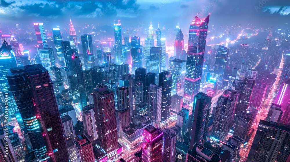 Fototapeta premium Cyberpunk cityscape with neon lights and holographic projections background