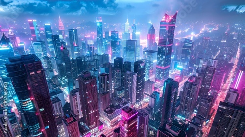 Cyberpunk cityscape with neon lights and holographic projections background