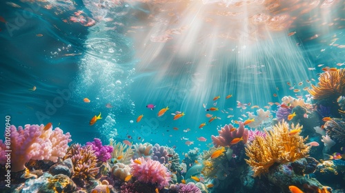 Underwater world with coral reefs and exotic sea creatures background