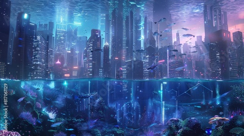 Futuristic cityscape submerged in water with skyscrapers rising above background