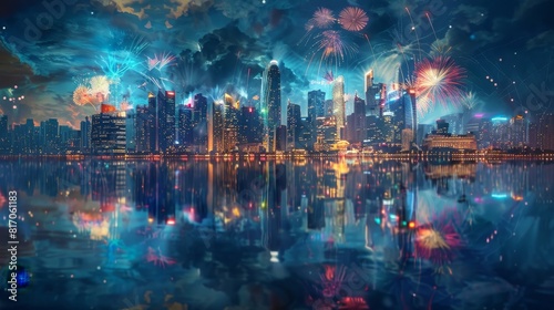 Abstract city skyline reflected in a calm lake with fireworks background photo