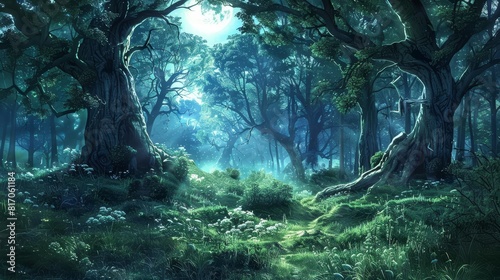Enchanted forest glade bathed in moonlight with ancient trees background