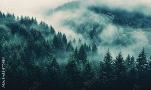 Misty Forest Landscape with Pine Trees, Beautiful Morning or Evening Scenery Background