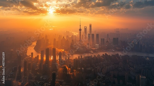 Shanghai skyline at sunset from above.