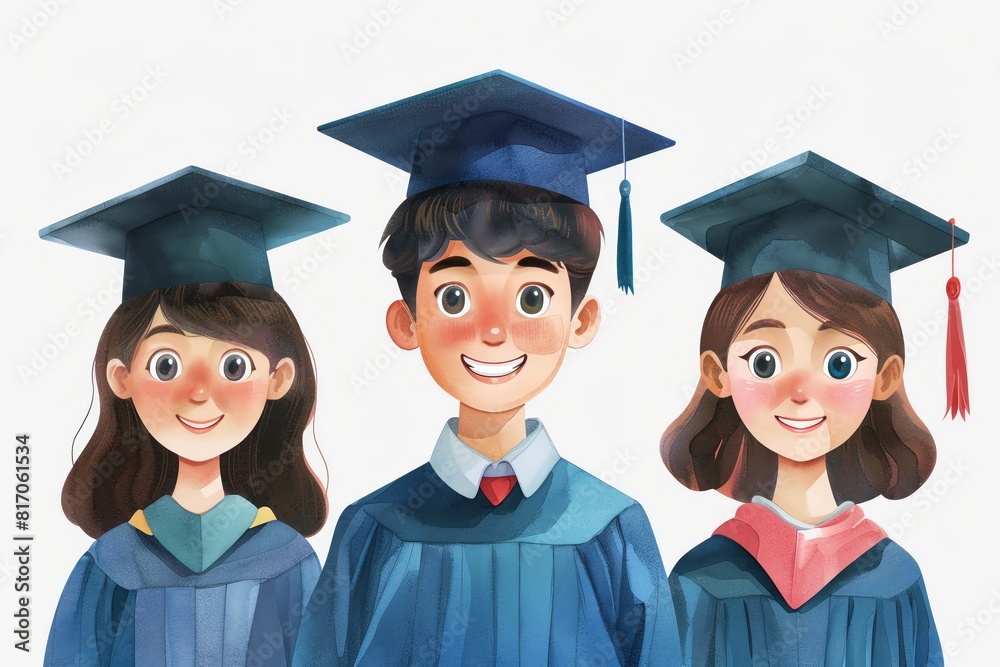 Three happy cartoon people in graduation caps and gowns. Three happy cartoon people in graduation caps and gowns.