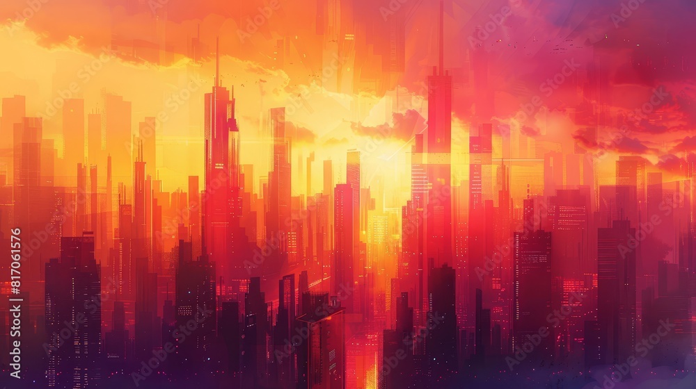 Vibrant sunset over a futuristic city skyline background