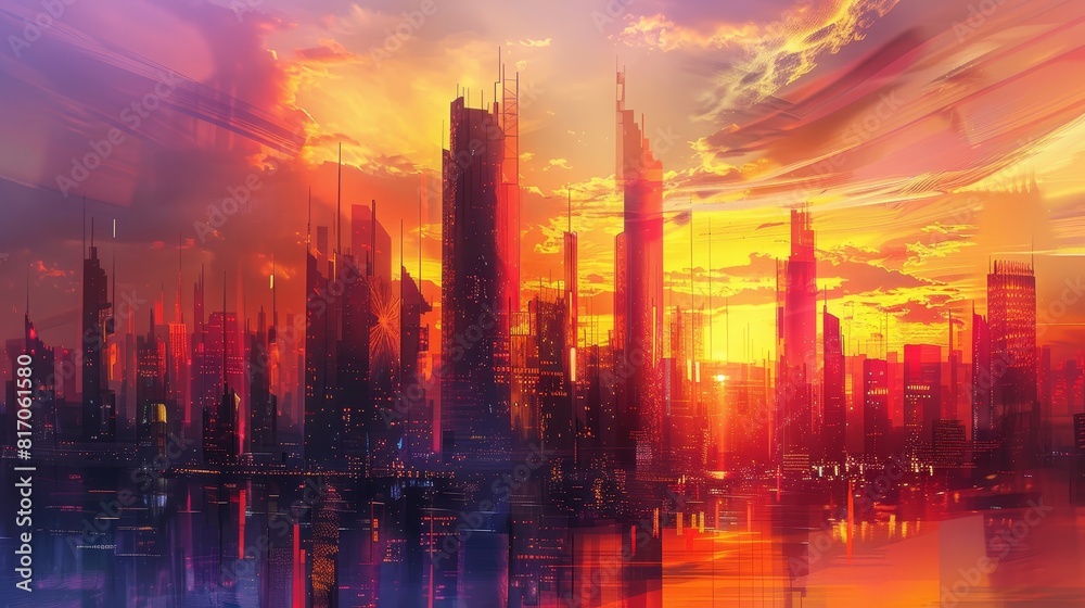 Abstract sunset over a futuristic city skyline with vibrant colors background Abstract sunset over a futuristic city skyline with vibrant colors background