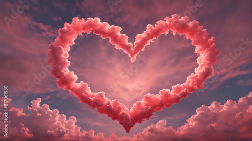 a stunning, vibrant sky where clouds form a large, heart-shaped opening, radiating in shades of pink and red, evoking a romantic and dramatic atmosphere