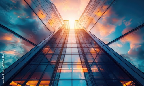 Sun Shining Through Modern Glass Skyscraper, Building Exterior Background photo