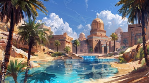 Desert oasis with palm trees and azure pools background