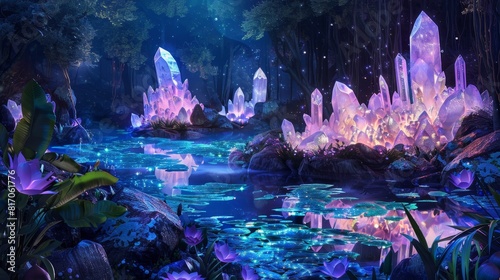 Garden of glowing crystals casting iridescent reflections background