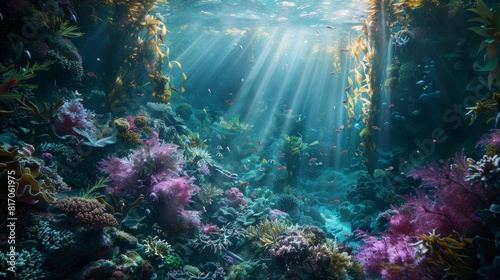 Underwater garden with kelp forests vibrant reefs shafts of sunlight background