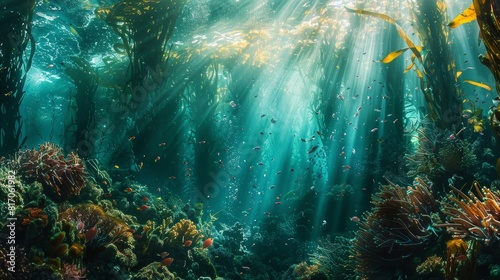 Ethereal underwater garden kelp forests vibrant reefs sunlight background