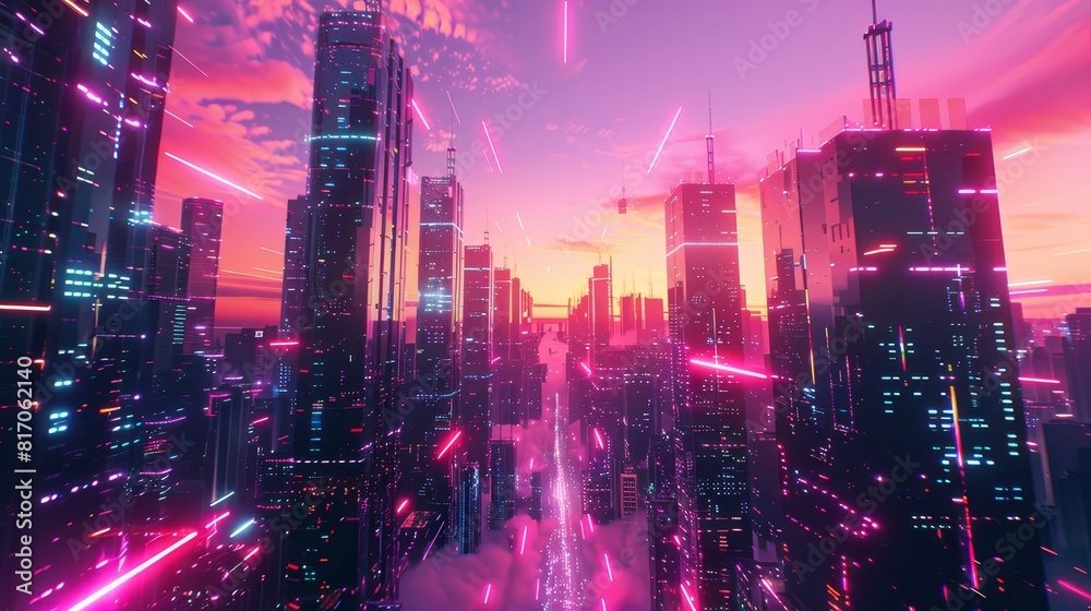 Futuristic cityscape with neon-lit streets holographic projections background