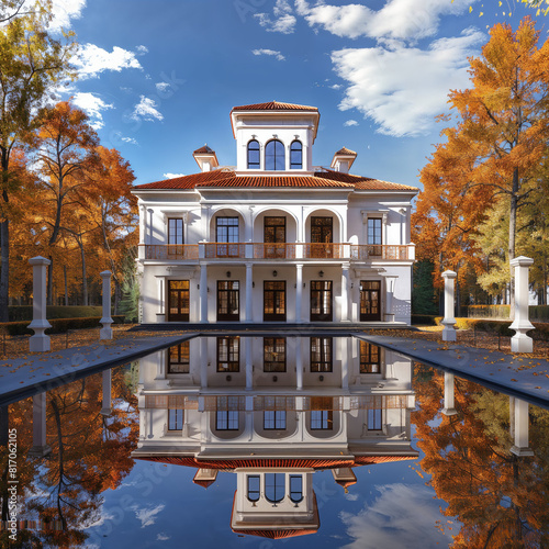 Beautiful architecture, a white building with a red roof and blue sky, reflecting in the water pool