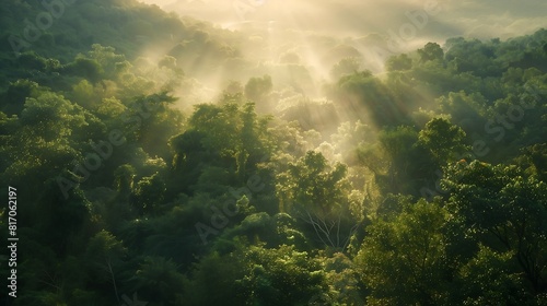 Majestic rays of sunlight breaking through the leaves in a green forest