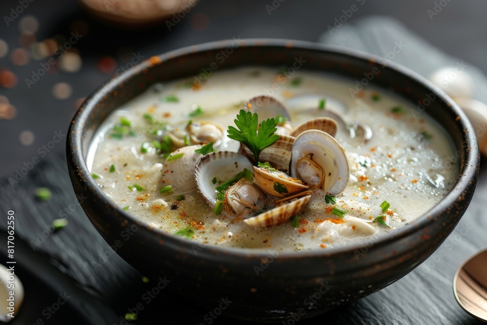 Savory warm bowl of seafood soup with clams and lemon Savory warm bowl of seafood soup with clams and lemon
