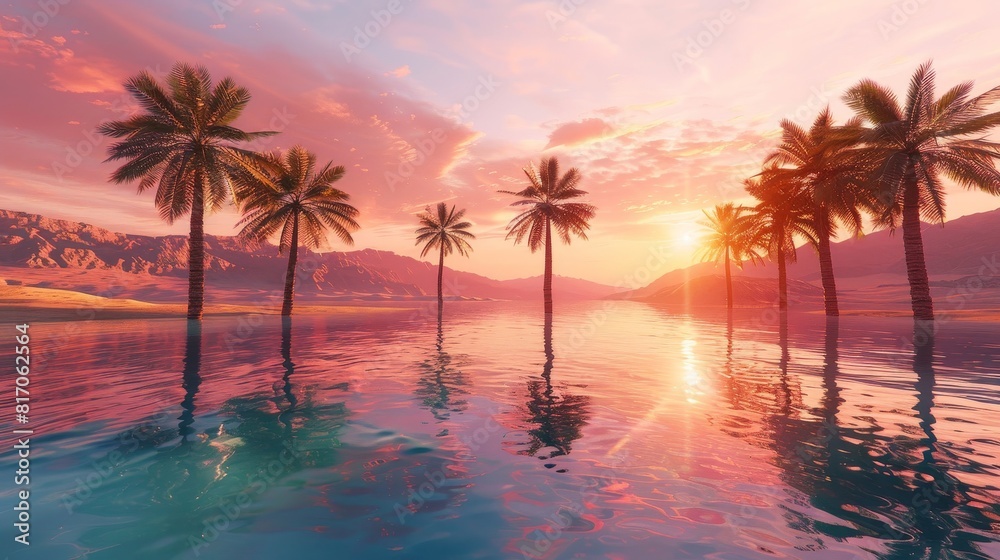 Palm trees and crystalline pools in surreal desert oasis background