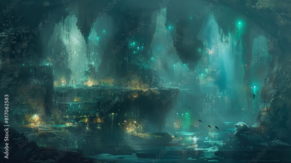 Hidden grotto with bioluminescent creatures in underwater cavern background Hidden grotto with bioluminescent creatures in underwater cavern background