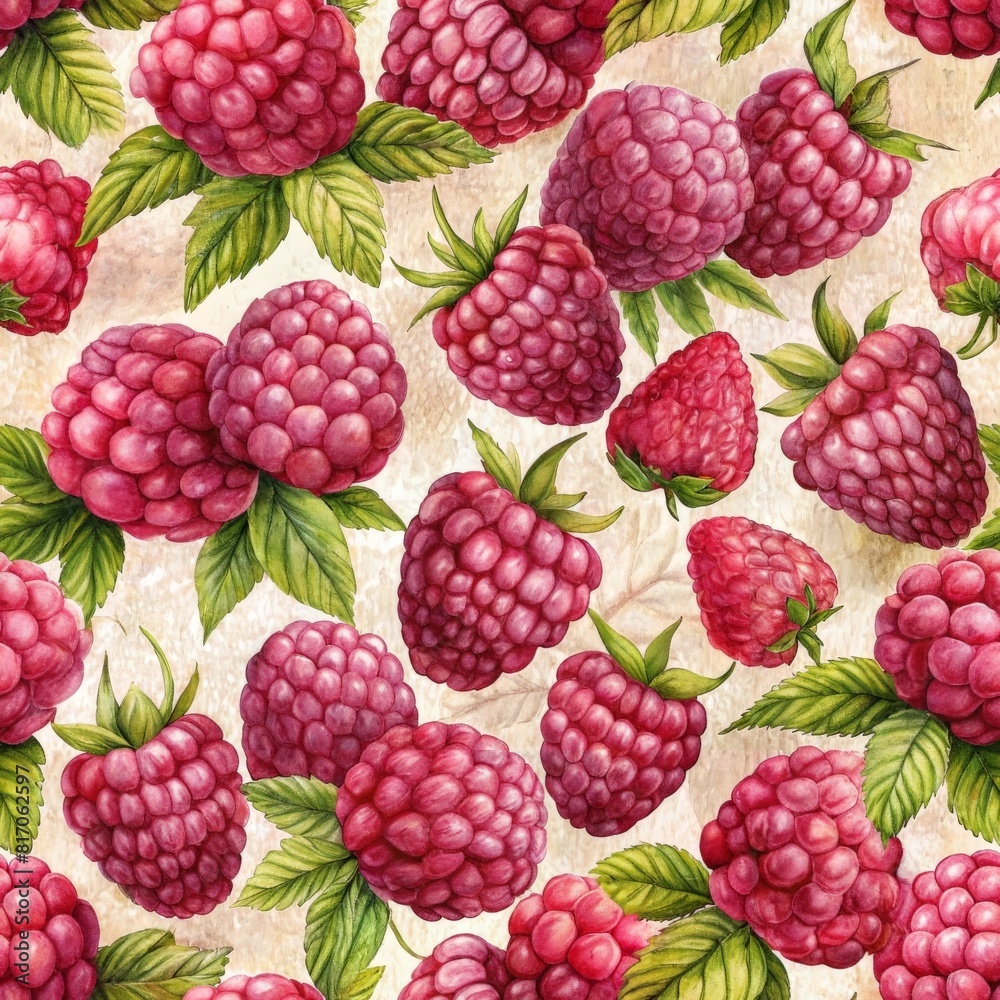 Watercolor raspberries in seamless pattern