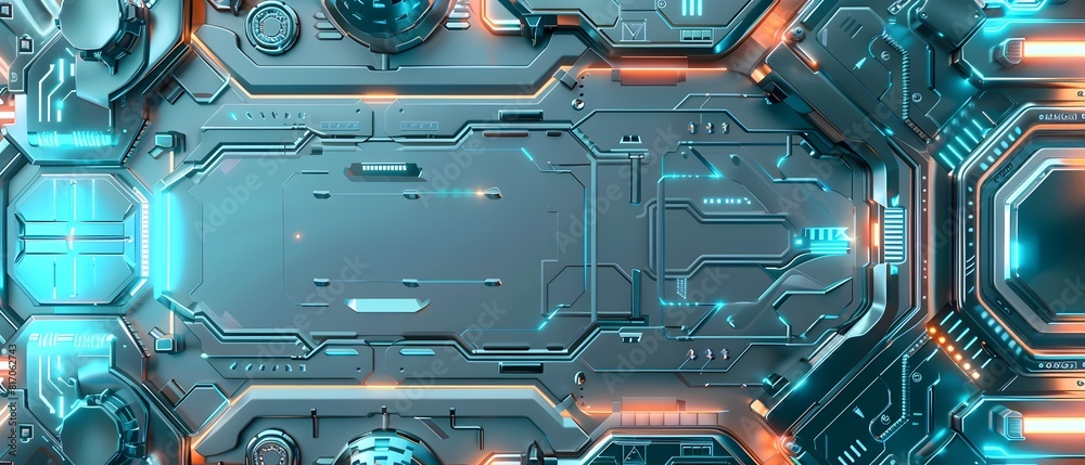 Fototapeta premium Futuristic Circuit Board Technology Interface with Glowing Interconnected Machinery and Digital Elements
