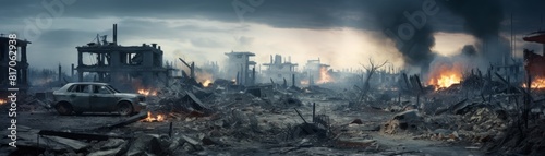Horrible war scene. Destroyed city with houses ruins  trash and burned cars.