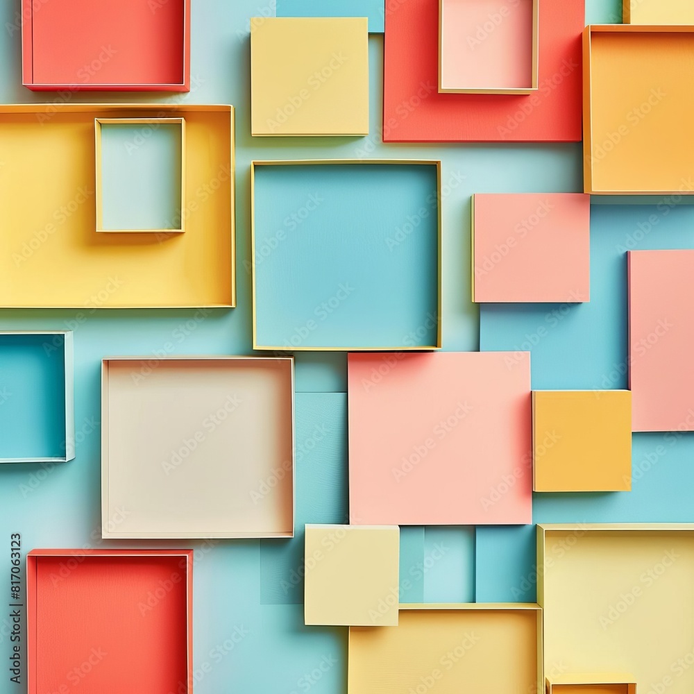 Clean and clear geometric background with a precise arrangement of colorful squares and rectangles in a flat lay style Clean and clear geometric background with a precise arrangement of colorful squares and rectangles in a flat lay style