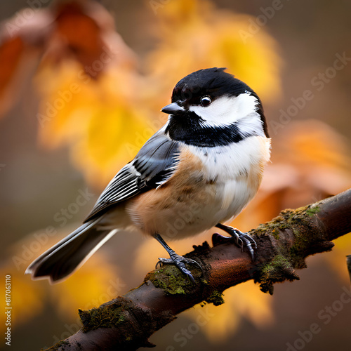 black capped chickadee,Close up portrait of a Black-capped chickadee (Poecile atricapillus) perched on a dead tree branch during early spring. Selective focus, background blur and foreground ,generate photo