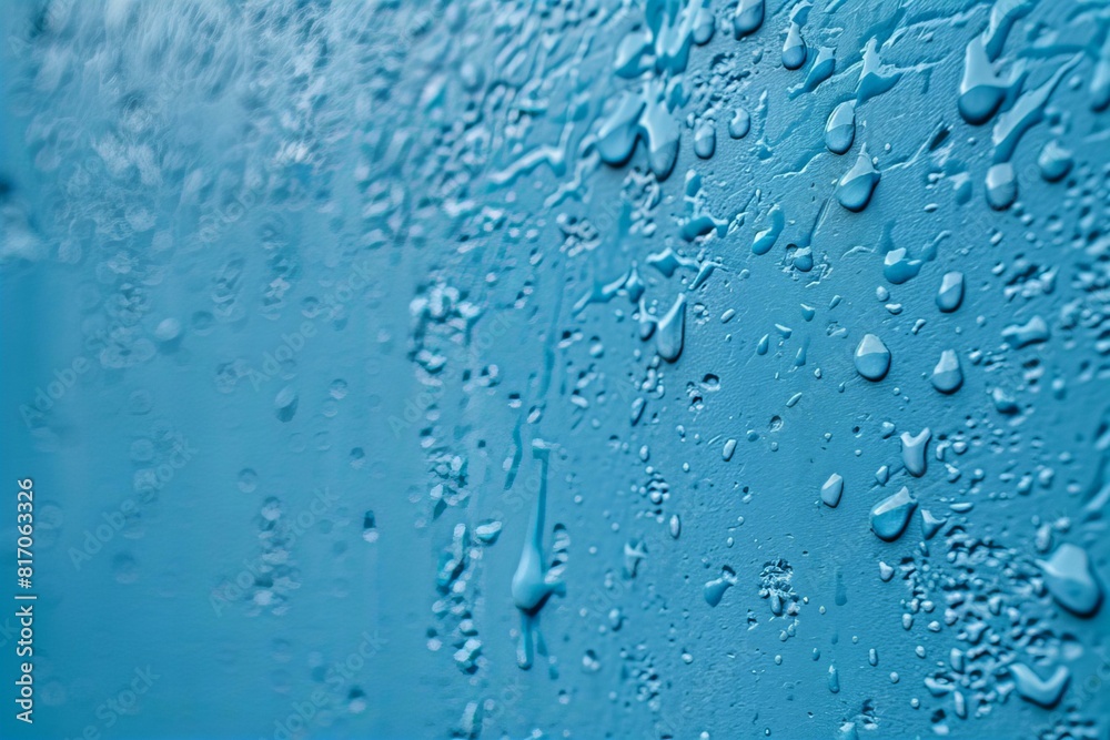 A close up of a blue wall with water droplets on it A close up of a blue wall with water droplets on it