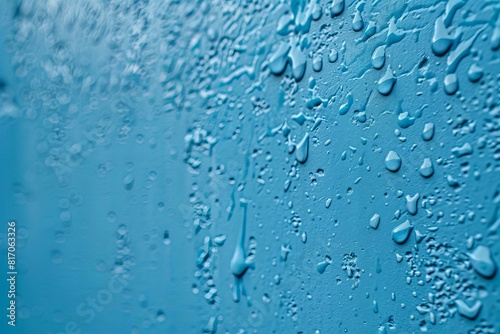 A close up of a blue wall with water droplets on it