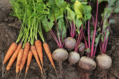 Organic vegetables background. Harvest of fresh raw carrot and beetroot on soil ground in garden close up