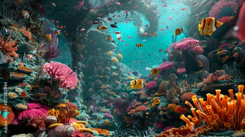 Vibrant surreal coral reef with exotic fish and strange structures background