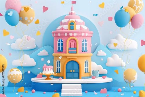 A majestic fort with pink walls surrounded by bright-colored balloons and confetti photo