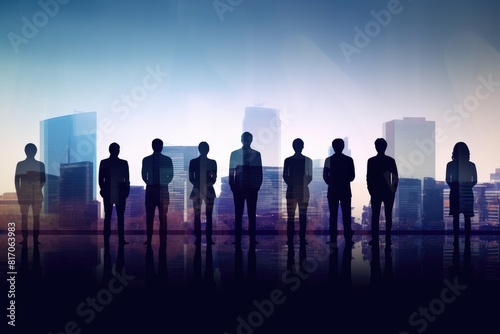 Silhouette of Business People Standing in Front of City Skyline at Sunset blue sky Background
