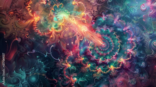 Psychedelic journey through subconscious with swirling patterns and fractal visions background