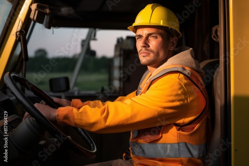Man dressed in protective clothing, ready for work. A man sits in a truck and holds the steering wheel