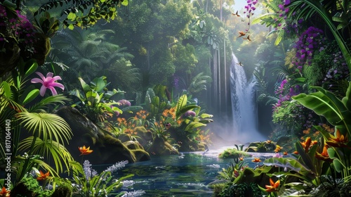 Tropical rainforest in digital art with lush foliage and cascading waterfalls background