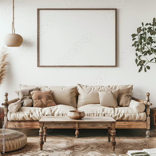 Mock up of white minamilist bright living room to hang art work, 
wooden frame, mockup photo for a horizontal poster print, mpty black frame , living room, beige colors