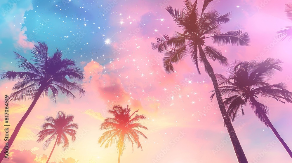 Obraz premium Dreamy tropical sunset: palm silhouettes against pastel sky with stars clouds background