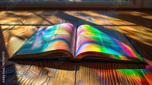 A book lying open on a wooden table displaying pages of rainbow layering and intricate patterns