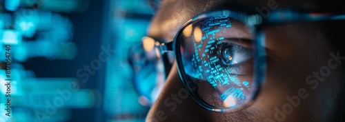 close-up portrait of a man in glasses with reflection of a computer screen with graphs.