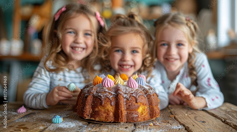 Tres niñas rubias bien contentas con el pastel en la mesa, celebración Tres niñas rubias bien contentas con el pastel en la mesa, celebración