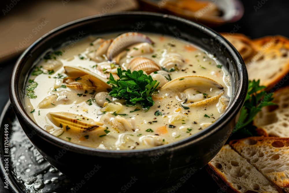 Deliciously rich bowl of clam chowder filled with tender clams