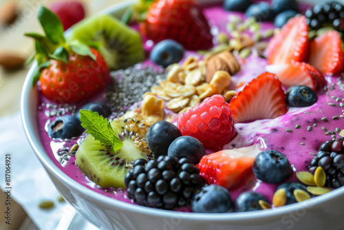Colorful smoothie bowl of fruit and nut