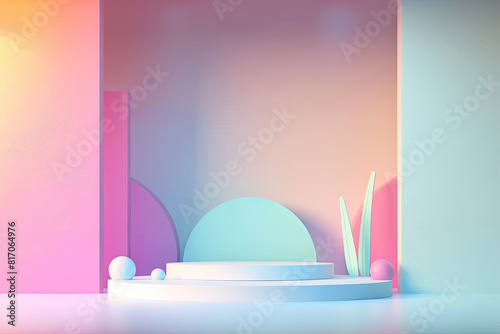 Colorful Empty Room with Stand Podium, Archway, and Glowing Cactus Illuminating Space Background