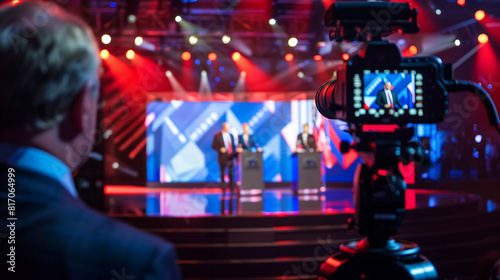 'Action shot of camera crew capturing an intense debate on a political TV show'  photo