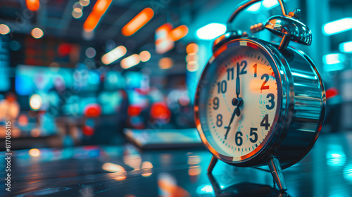 'Close-up of a news studio clock showing prime time, blurred studio background'  photo