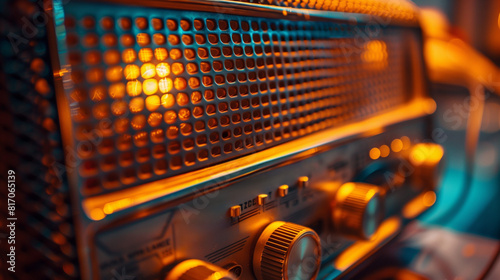 Close-up of a vintage radio with vibrant dials and textured speaker grill, soft lighting  photo