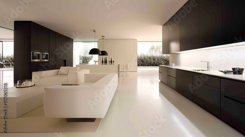 Luxury open plan living room and kitchen in white and black color  modern minimal style interior design.